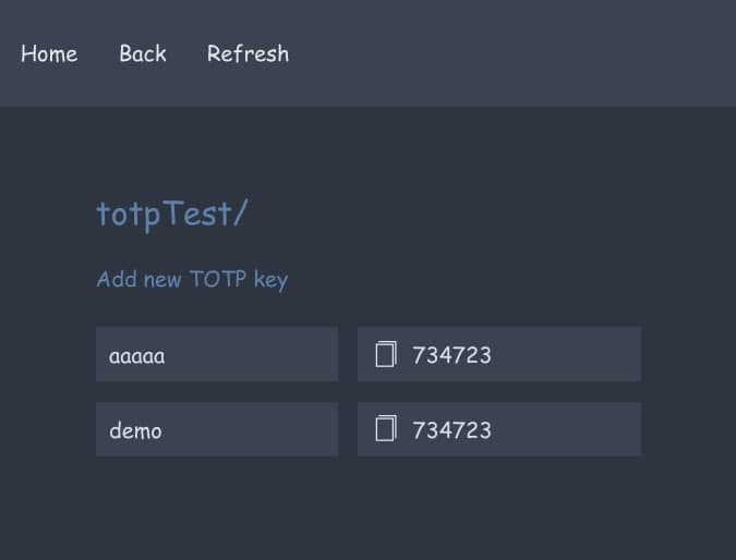 A copyable list of TOTP codes with option to add a new one.