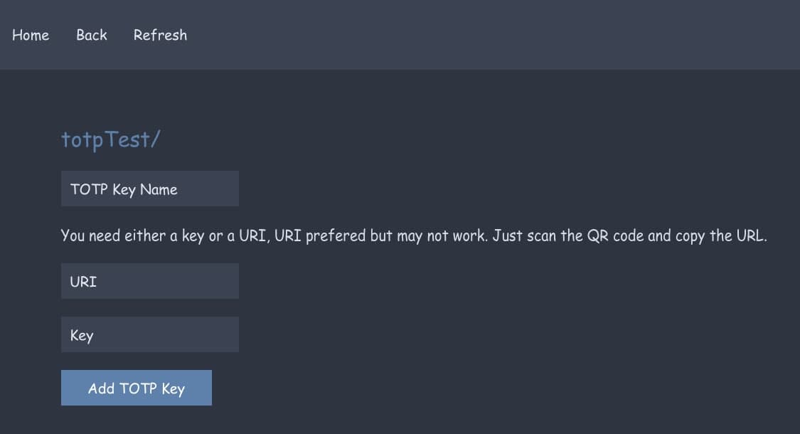 A screen where you can add a new TOTP code.